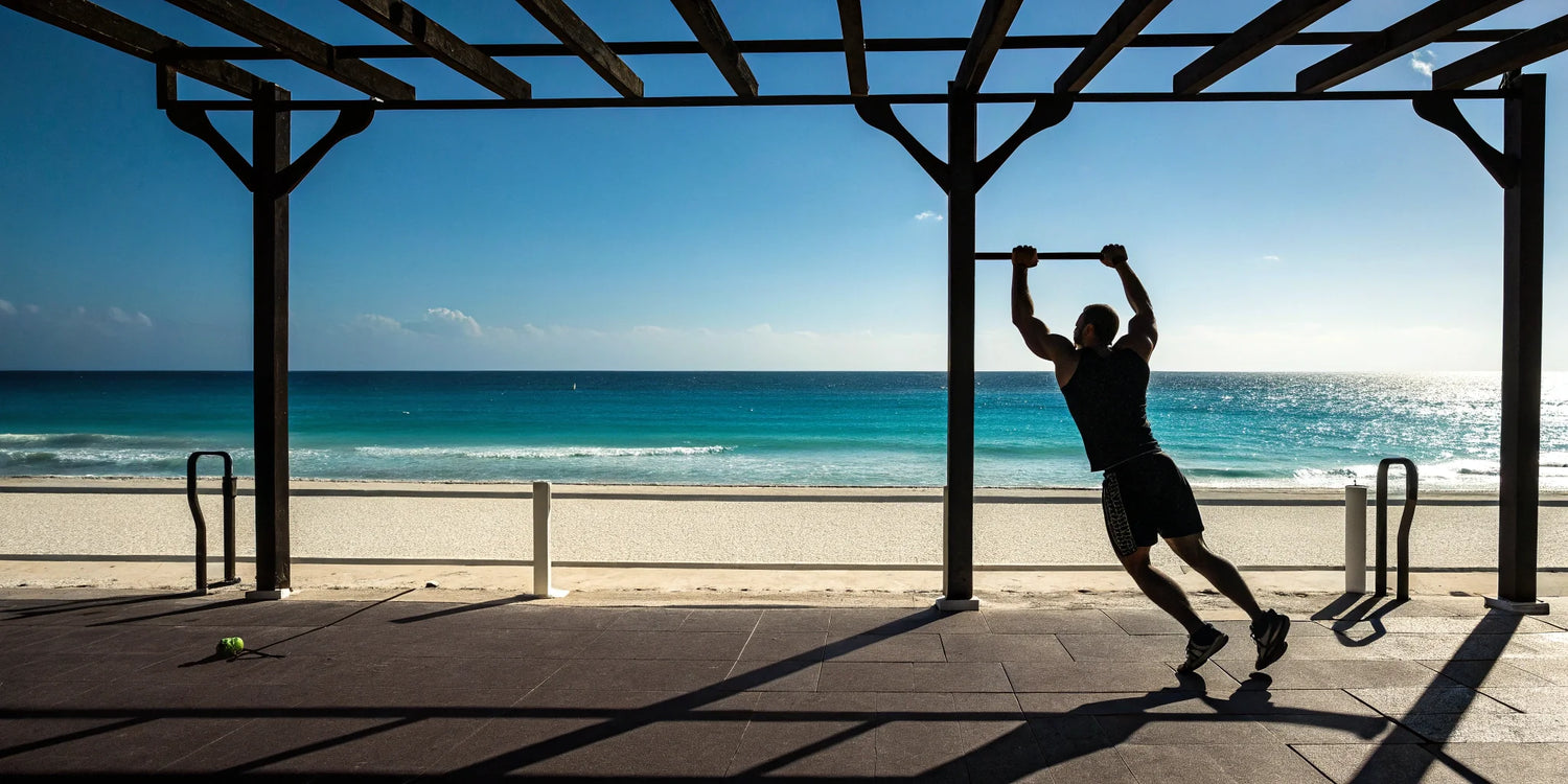 a woman jumping rope on a beach while on vacation.