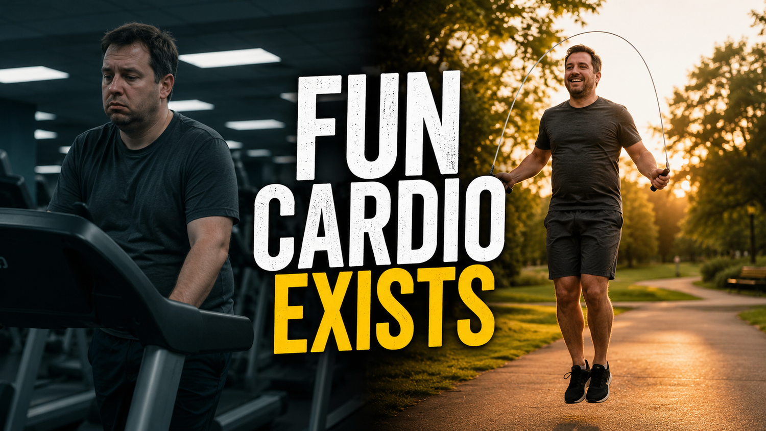Adult comparing treadmill and jump rope cardio, showing a bored gym workout versus an enjoyable outdoor jump rope session.