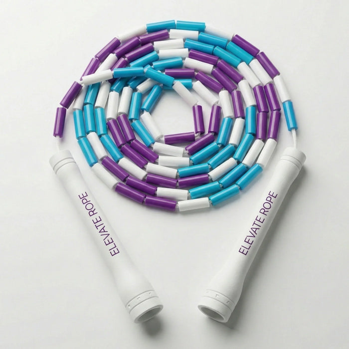 Beaded jump rope with white handles and "ELEVATE ROPE" text, purple, blue, and white beads
