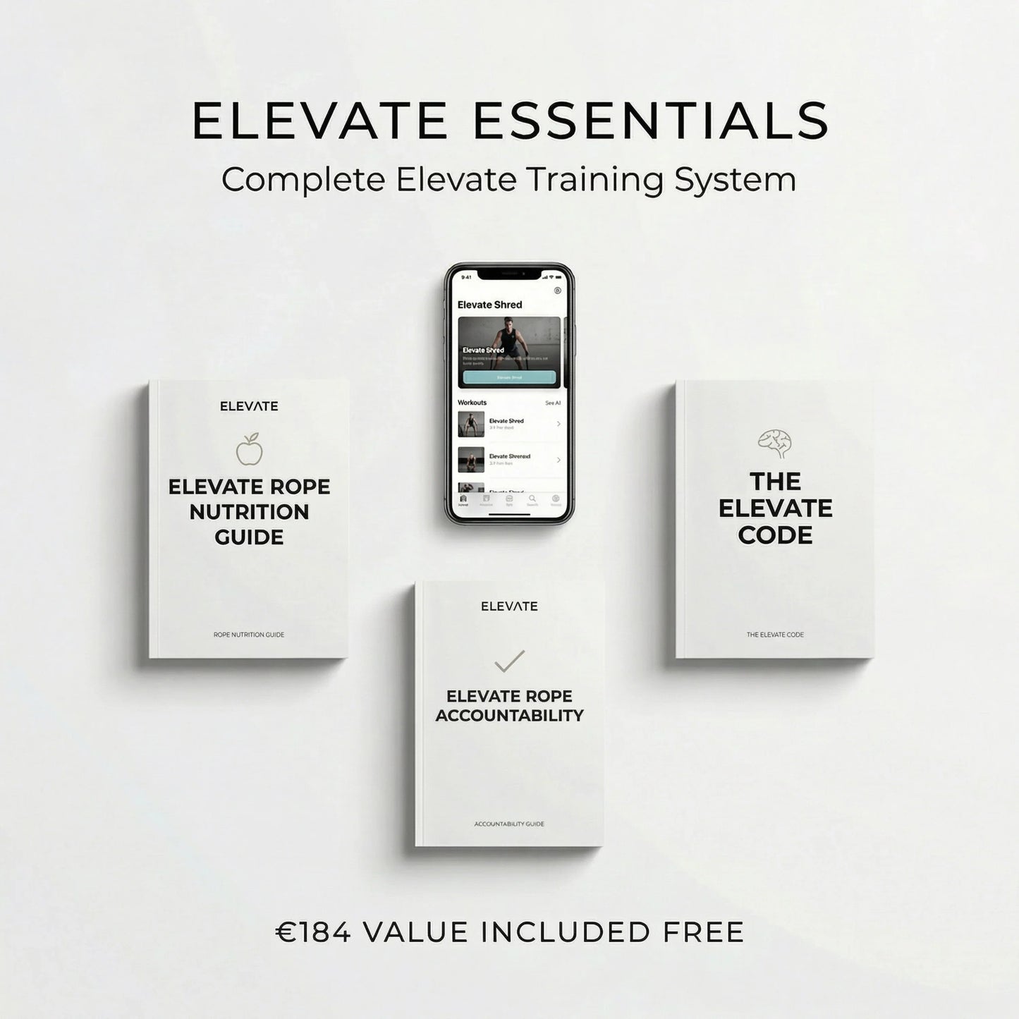 Elevate training system essentials with smartphone app, nutrition guide, accountability and code books.