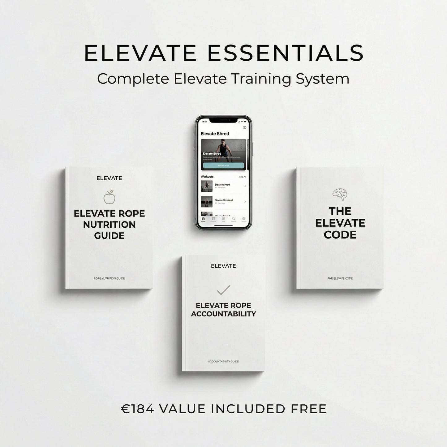 Elevate Essentials training system with phone app, nutrition guide, accountability guide, and code books.