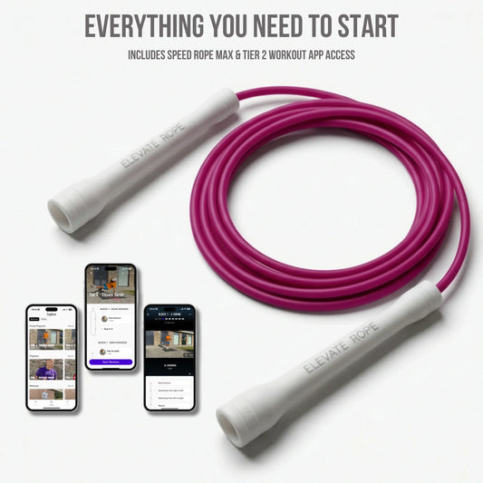 Purple jump rope with white handles and workout app screens for full-body fitness training