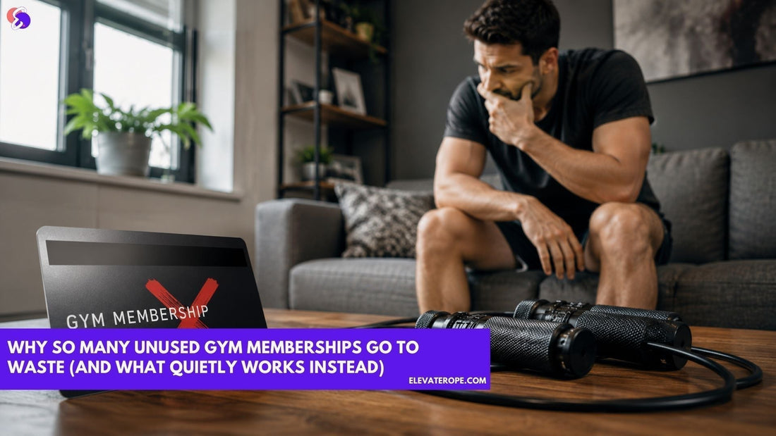 Person at home considering a cancelled gym membership while a jump rope sits on a coffee table, representing the switch from unused gym memberships to simple home workouts