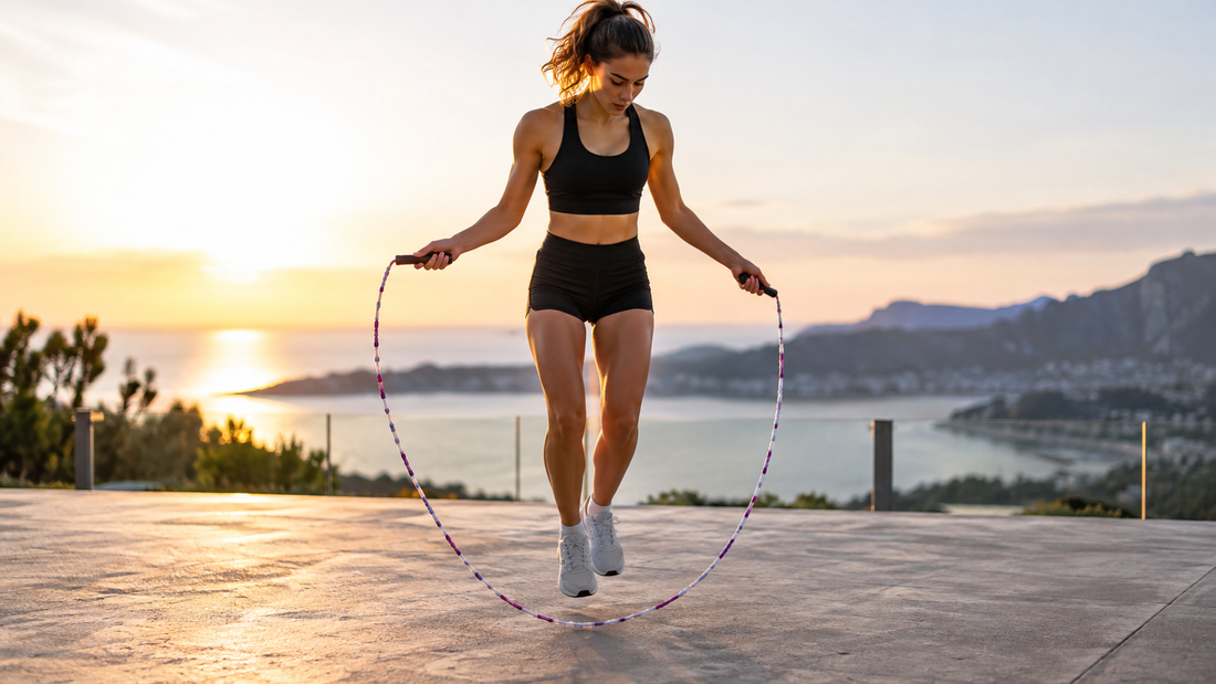 Woman practicing jump rope timing with a pink and white beaded jump rope on an outdoor terrace at sunset.