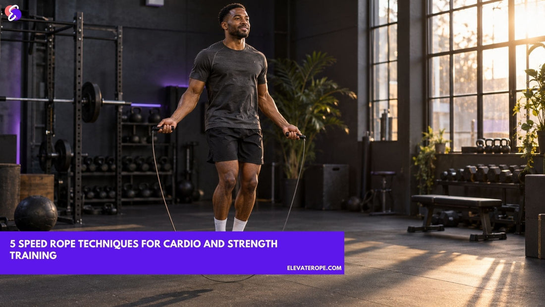 Athlete performing speed rope techniques for cardio and strength training in a modern gym.