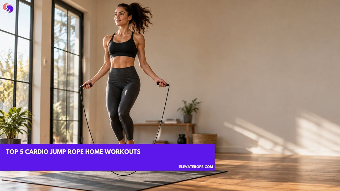 Woman performing a jump rope workout at home on an exercise mat in a bright modern living room.