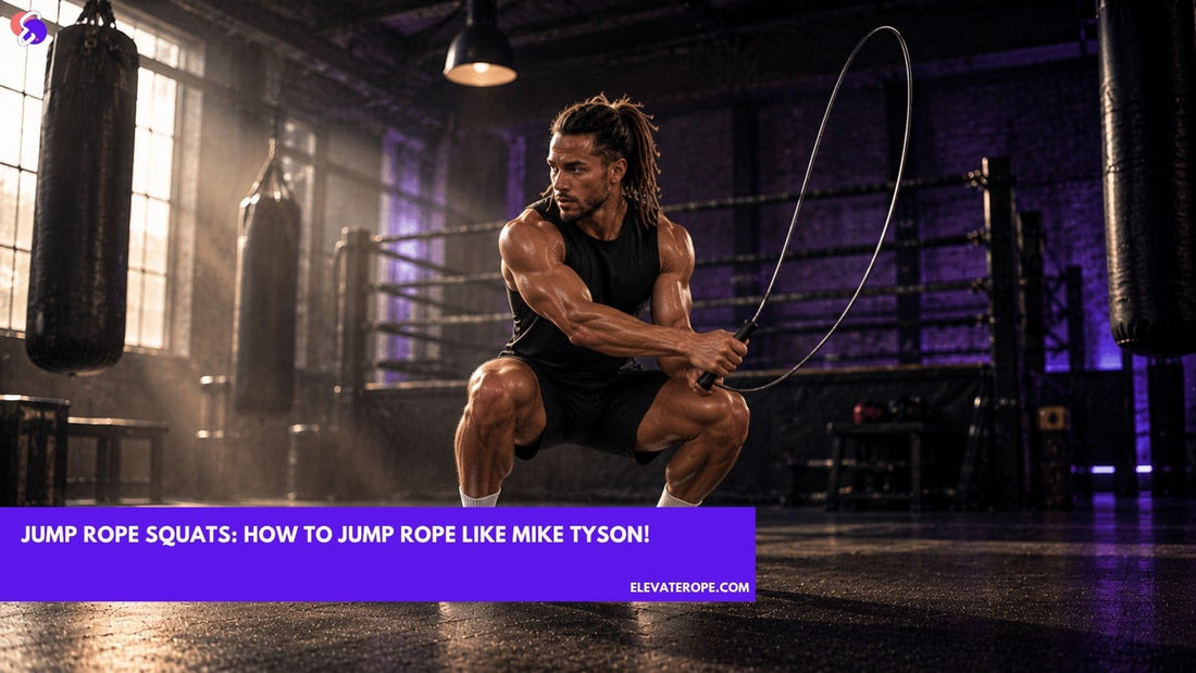 Athlete performing Mike Tyson-inspired jump rope squats with a controlled sideswing inside a boxing gym.