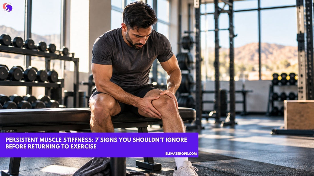 Man experiencing persistent muscle stiffness in his knee after exercise at a gym.
