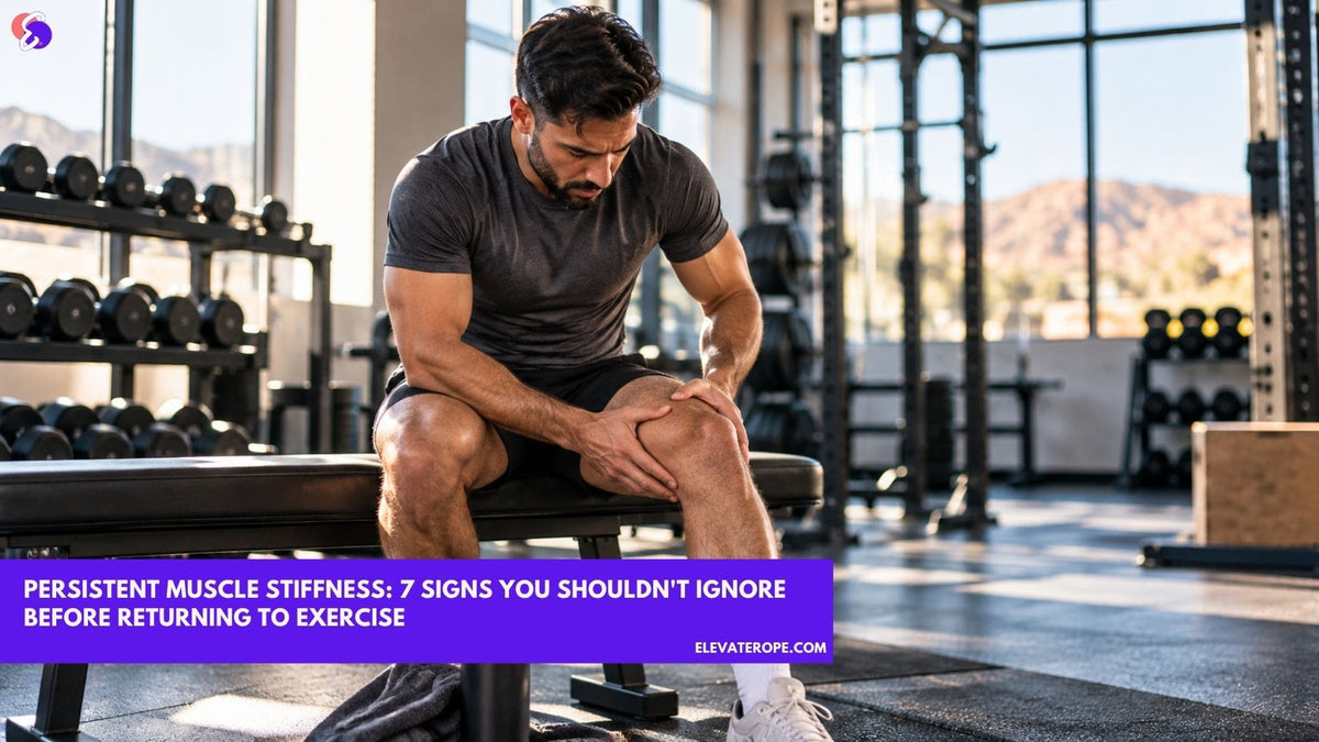 Man experiencing persistent muscle stiffness in his knee after exercise at a gym.