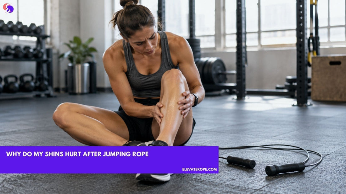 Woman holding her shin after experiencing pain during a jump rope workout.