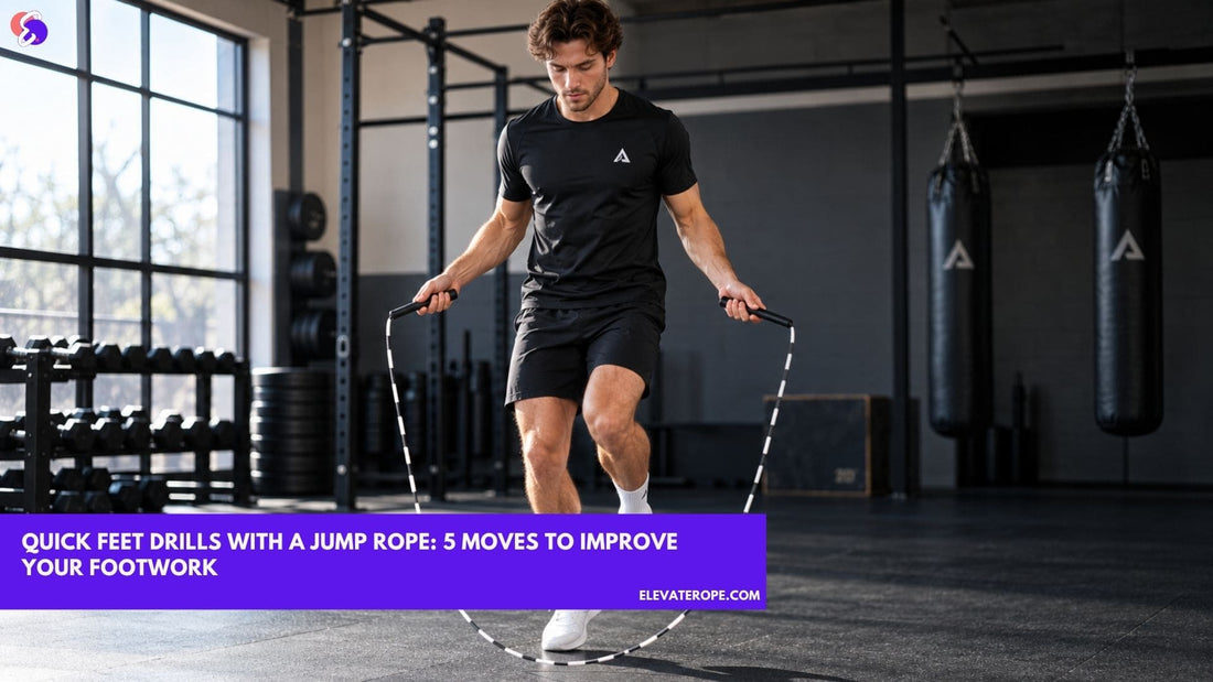 Athlete practising quick feet drills with a jump rope in a modern gym.