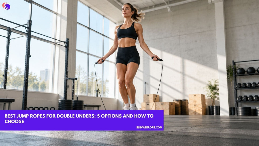 Woman performing a double under jump rope exercise in a bright, modern gym.