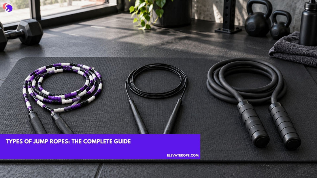 Three types of jump ropes including beaded, PVC speed and heavy ropes arranged on a fitness mat