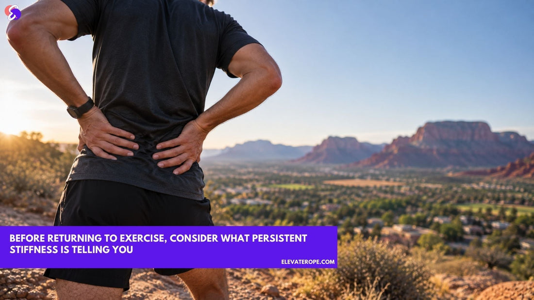 Active man pauses with muscle stiffness during an outdoor workout near St. George, Utah.