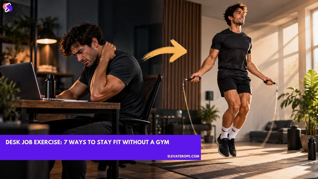 Desk worker transitions from prolonged sitting to a jump rope home workout.