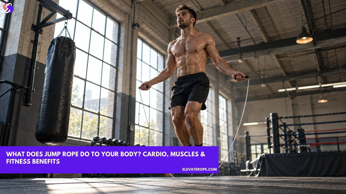 Athletic man uses a jump rope during an intense cardio workout in a realistic boxing gym.