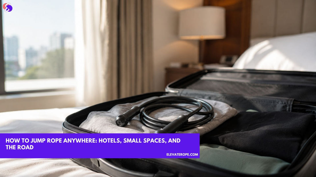 Coiled jump rope resting on folded clothes inside an open carry-on suitcase by a hotel window