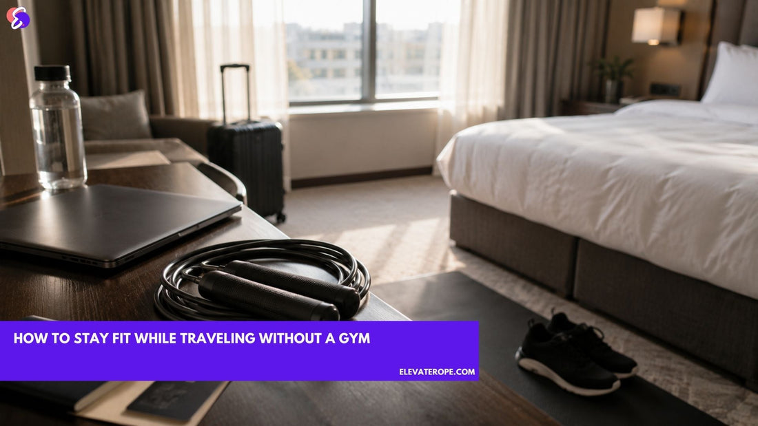 Travel fitness setup with a jump rope, laptop, passport, water bottle, training shoes, and hotel room workout space.