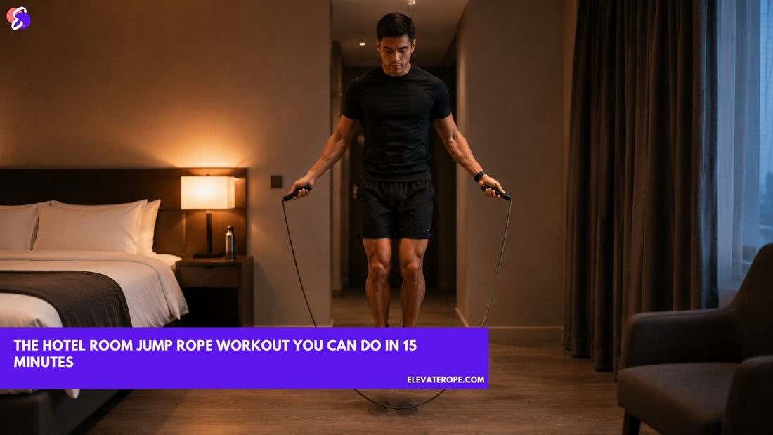 Traveller mid-jump with a jump rope in a hotel room during a 15-minute workout