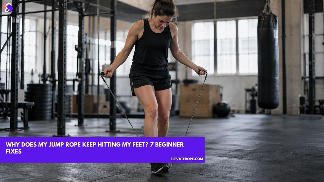 Beginner using a jump rope in a gym while troubleshooting foot catches and jump timing.