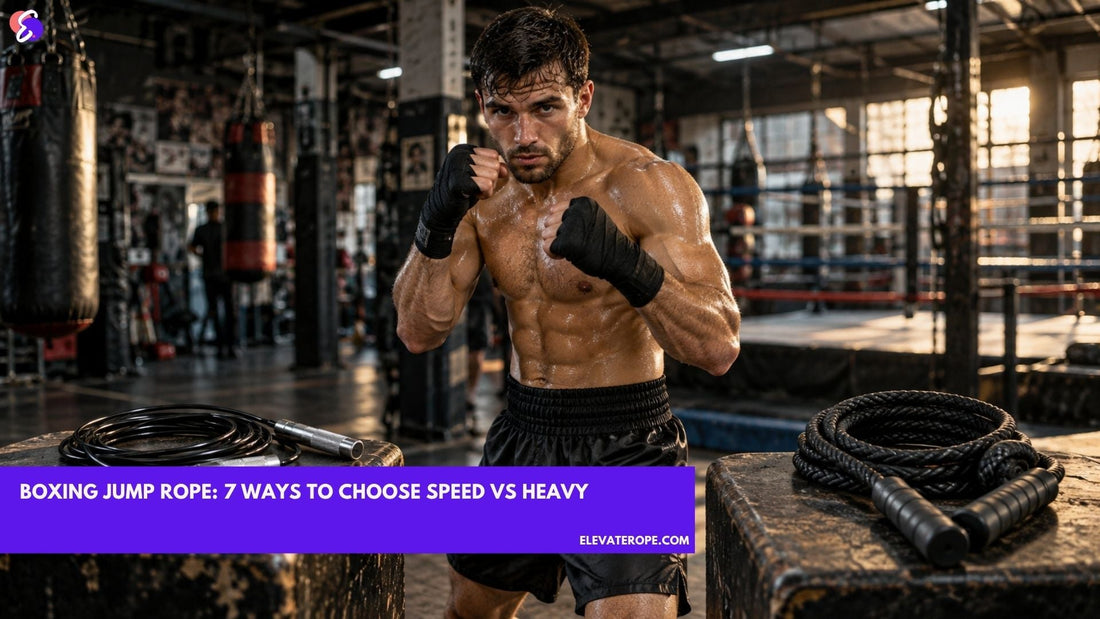 Boxer choosing between a speed rope and heavy jump rope in a realistic boxing gym.