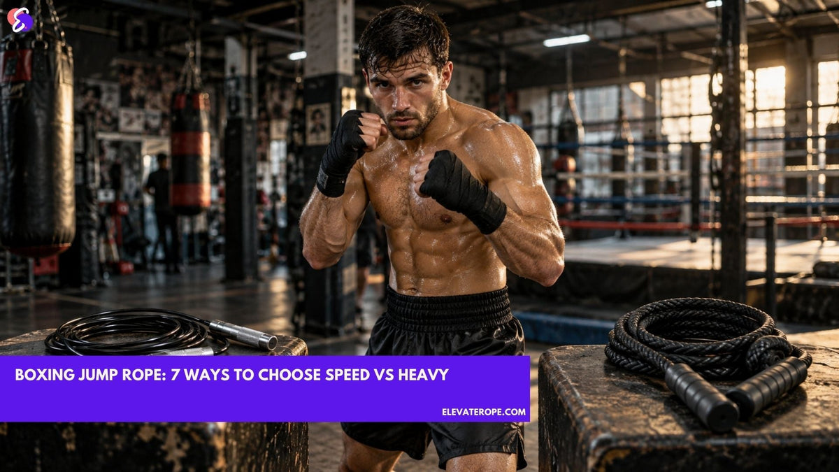 Boxer choosing between a speed rope and heavy jump rope in a realistic boxing gym.