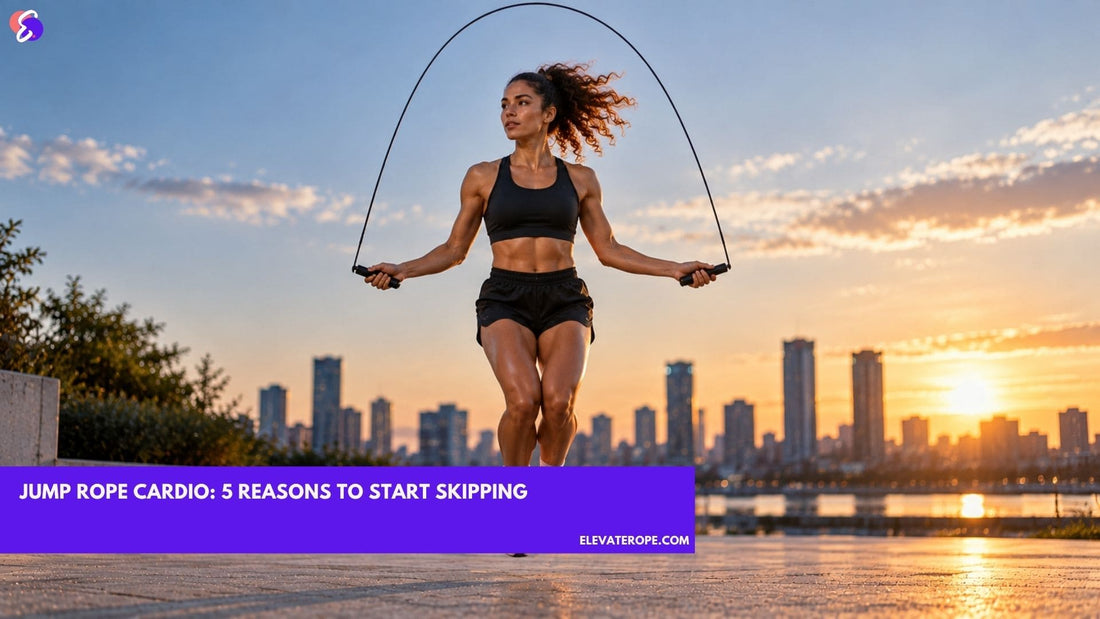 Woman doing jump rope cardio outdoors at sunset with a city skyline in the background.