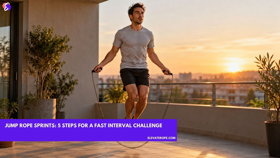 Man performing jump rope sprints on a balcony during a fast interval workout at sunset.
