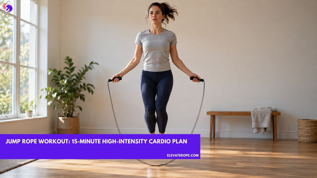 Woman doing a 15-minute jump rope workout at home in a bright living room.