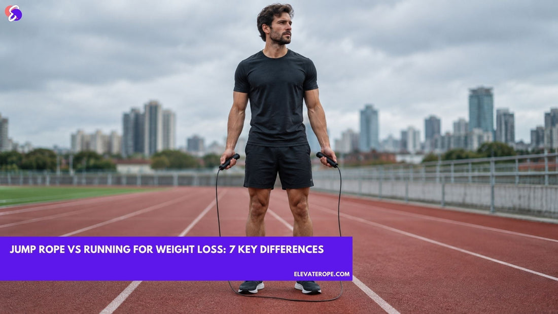 Man holding a jump rope on a running track for a jump rope vs running comparison.