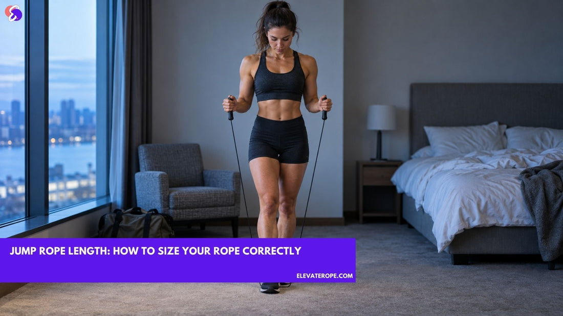 Woman measuring jump rope length in a hotel room by standing on the cable and lifting both handles.