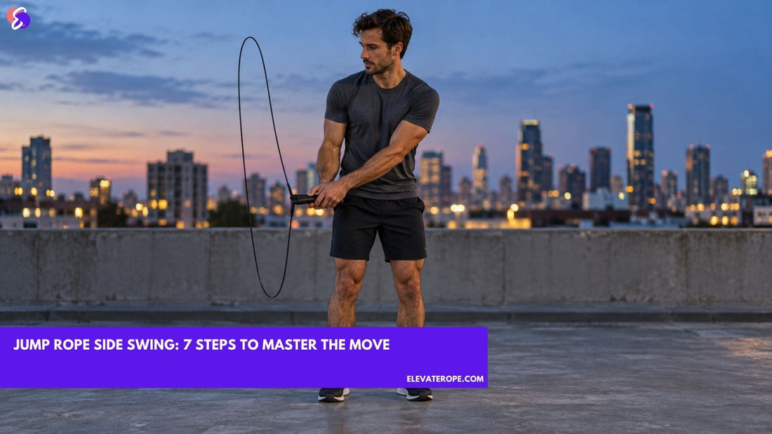 Man demonstrating a side swing with both jump rope handles held together beside his hip.