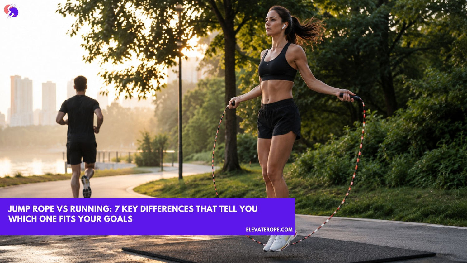 Person jumping rope on a mat at sunrise while a runner jogs in the background of a park, creating a cinematic comparison between jump rope and running.
