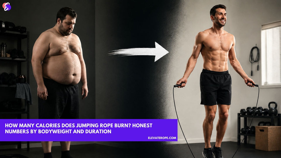 Overweight man transforms into a lean athlete after 90 days, jumping rope in a home gym with fitness equipment in the background.