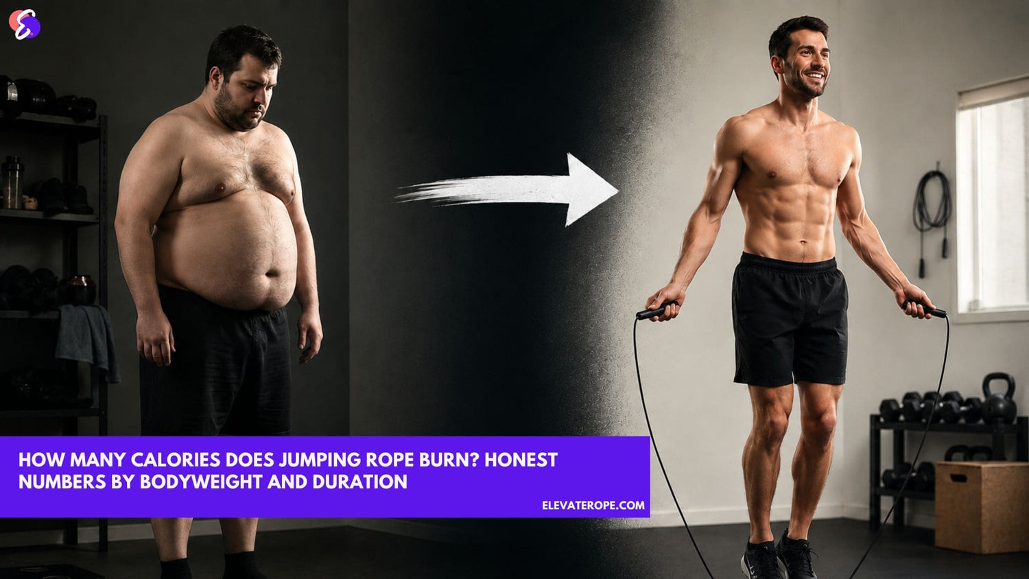Overweight man transforms into a lean athlete after 90 days, jumping rope in a home gym with fitness equipment in the background.