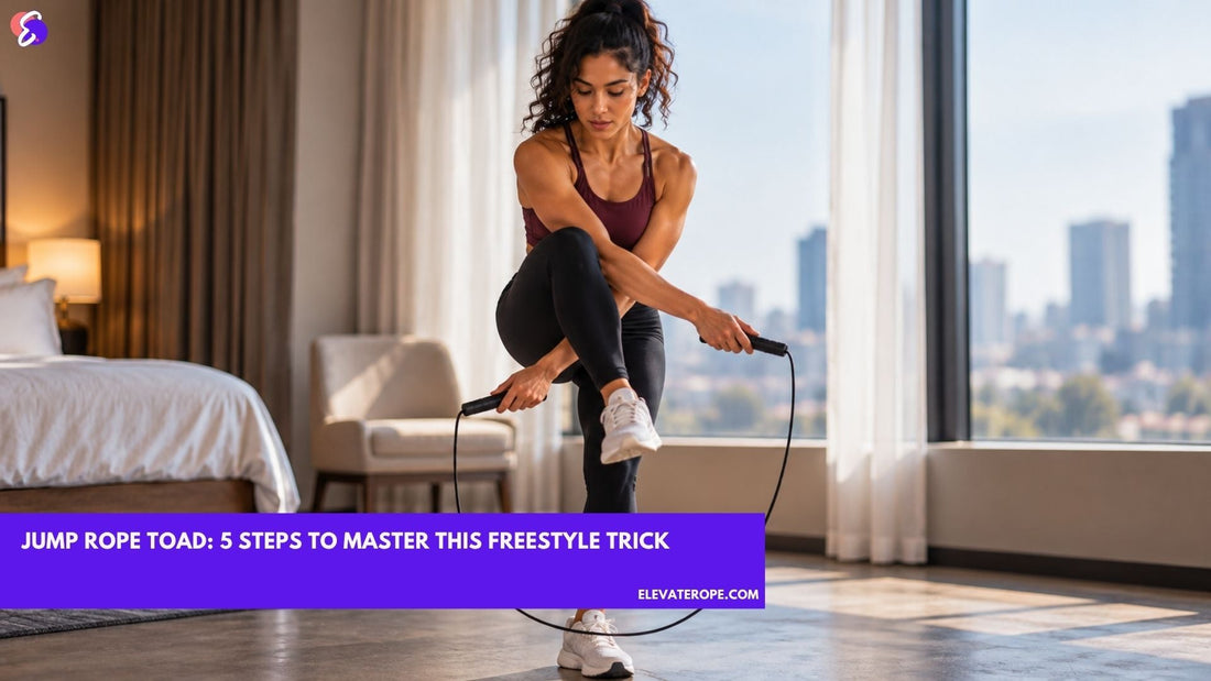 Woman practicing the jump rope toad position with one arm threaded under her raised leg.