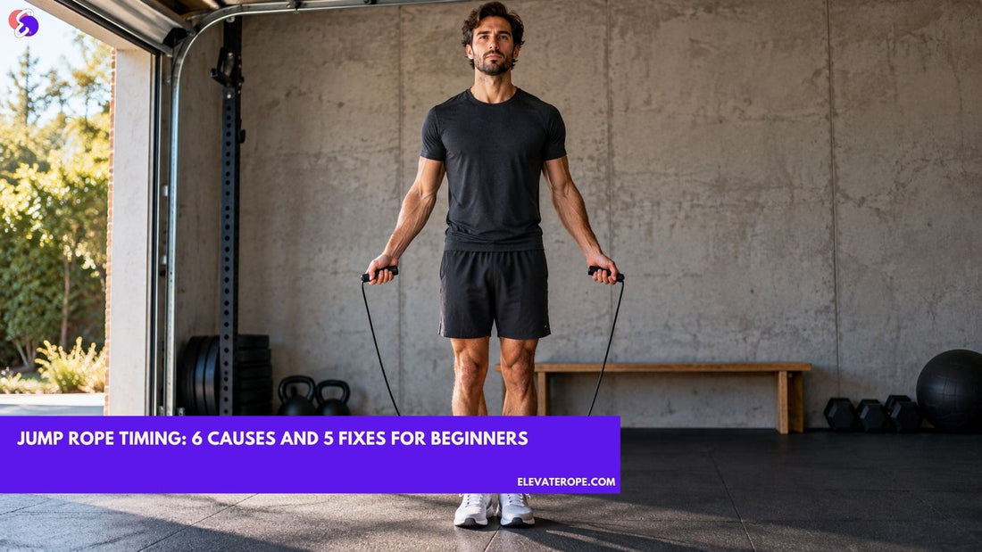 Man preparing for a jump rope timing drill with the rope resting in front of his feet.