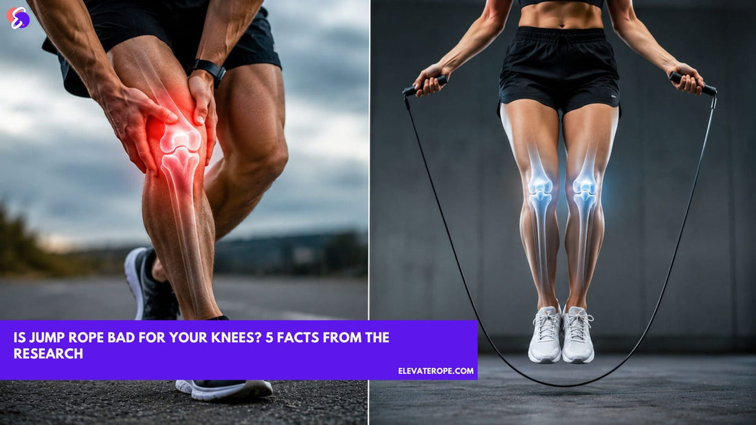 Side-by-side comparison showing poor jump rope landing mechanics associated with knee pain and proper jump rope technique with soft, controlled landings that reduce stress on the knees.