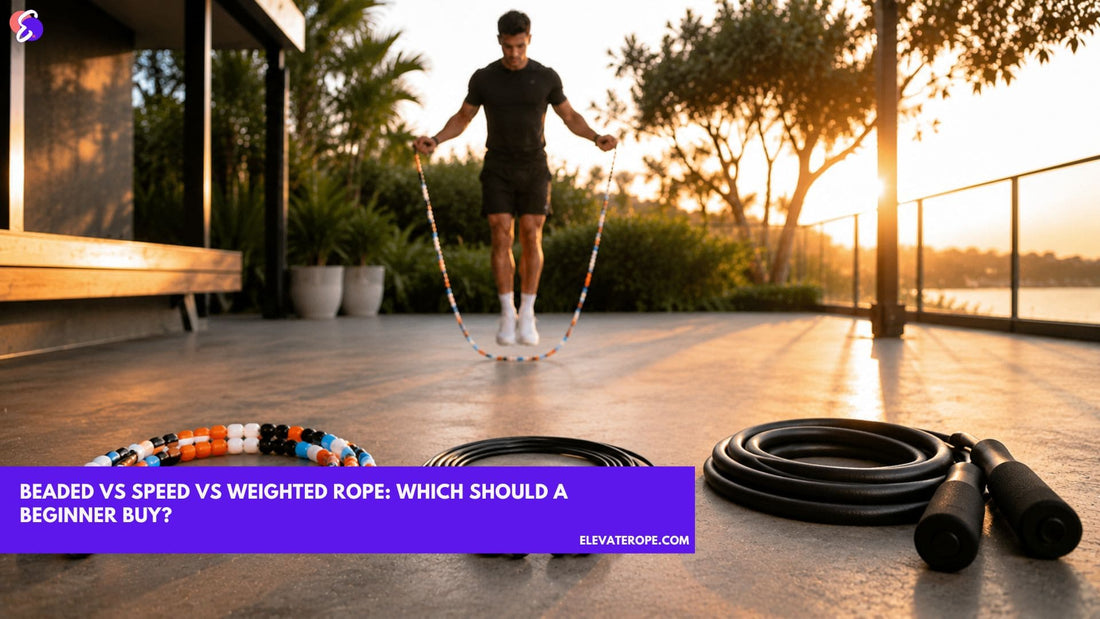Three jump ropes—a beaded rope, speed rope, and heavy rope—on a patio floor with a person jumping rope at sunset in the background.