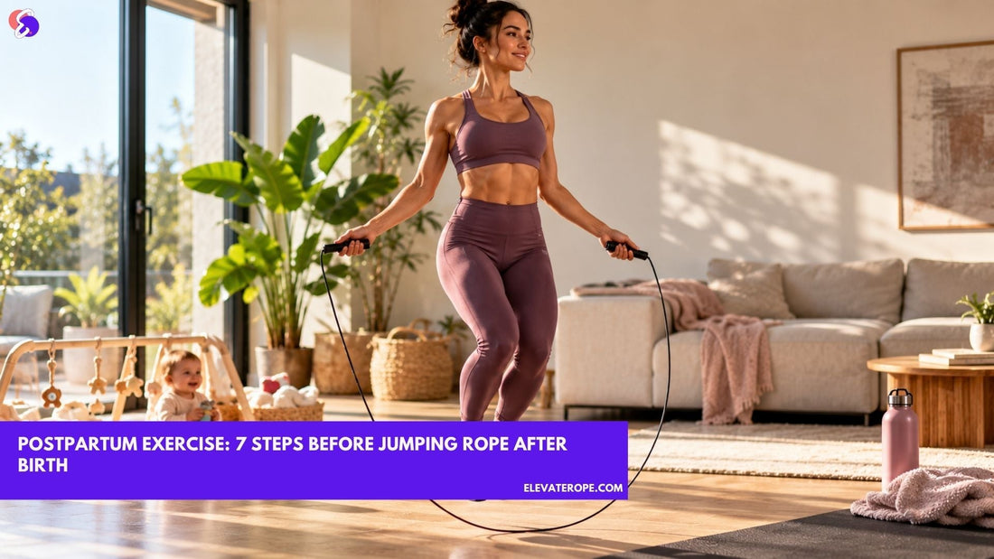 New mother practising gentle postpartum exercise at home with a jump rope nearby.