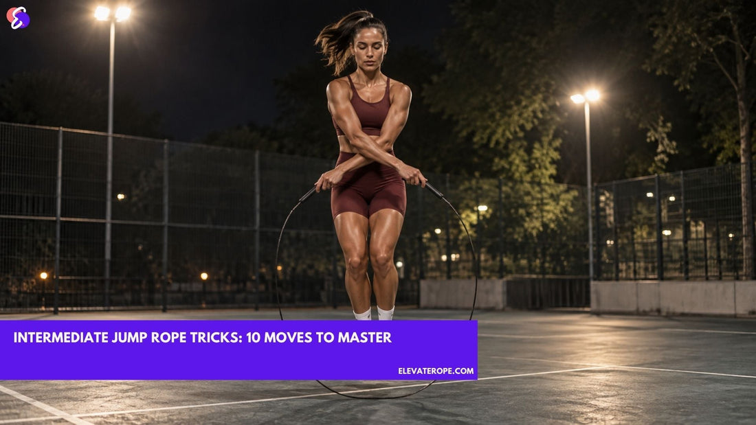 Woman performing an intermediate jump rope criss-cross on an outdoor court.