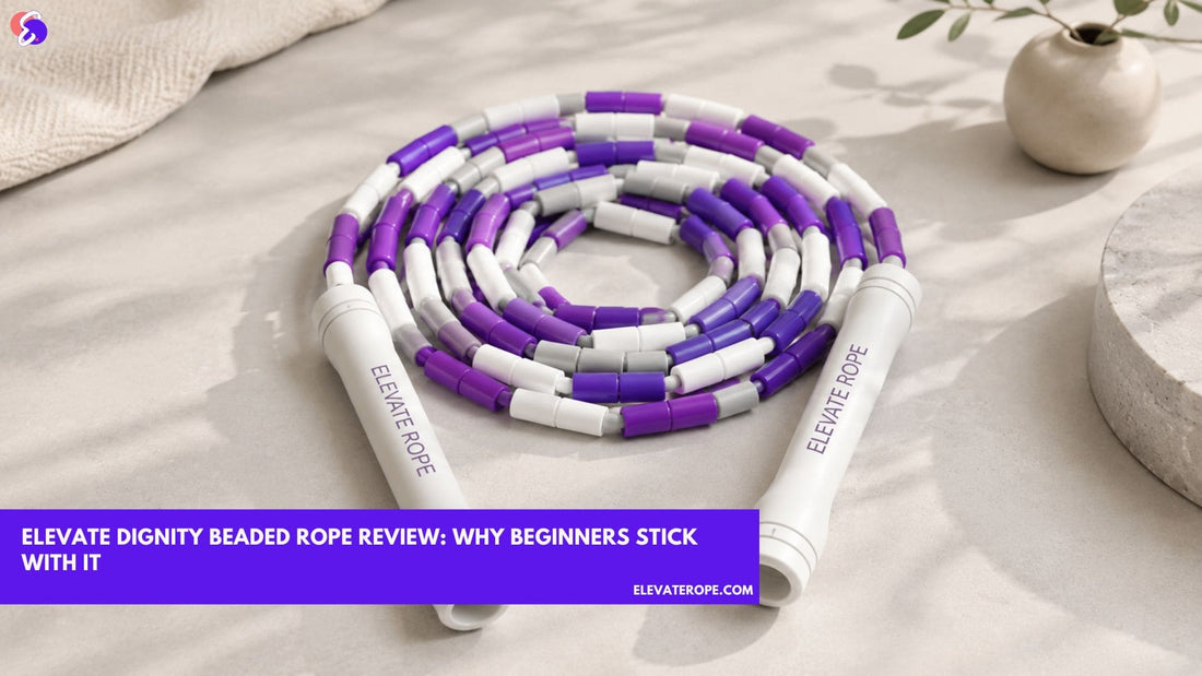 Elevate Dignity beaded jump rope coiled on a pale surface, purple beads and black handles