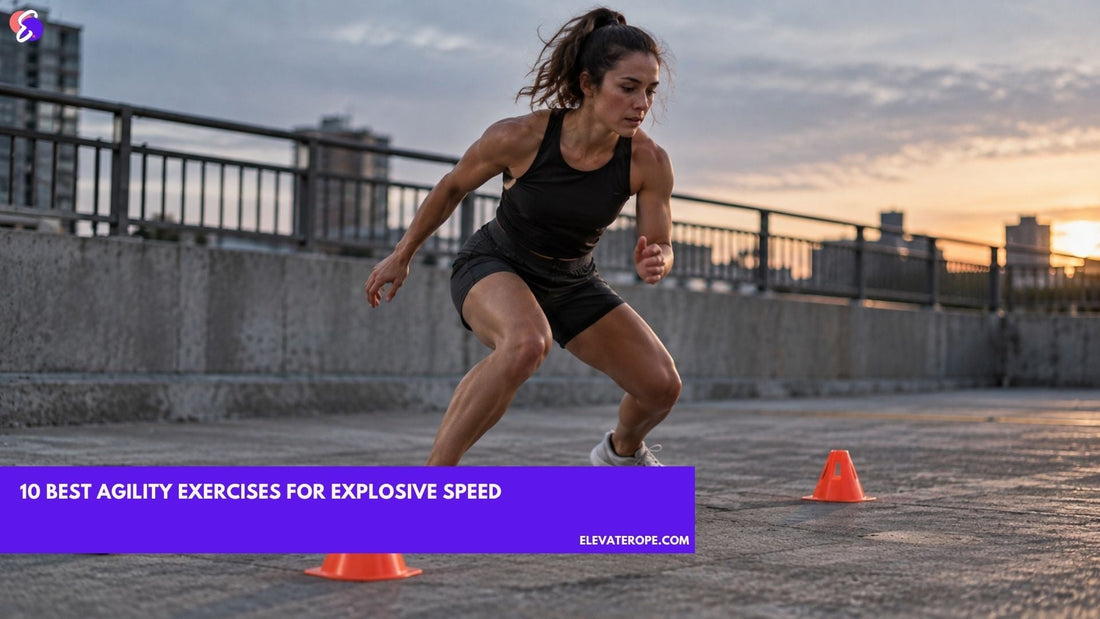 Female athlete performing lateral agility exercises between orange training cones on an outdoor rooftop.