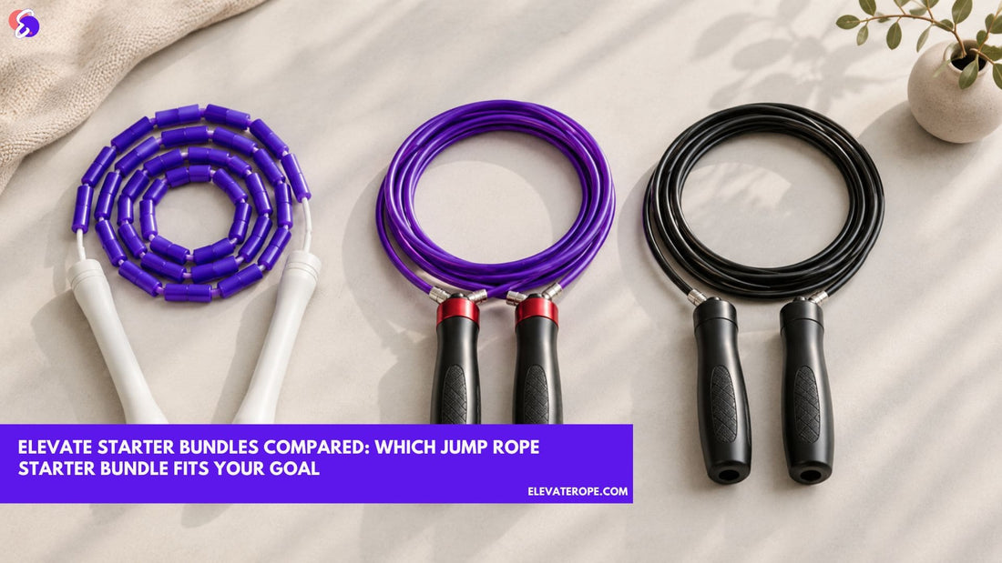 Three Elevate jump ropes fanned on an off-white surface, a beaded rope and two speed ropes from the starter bundles.