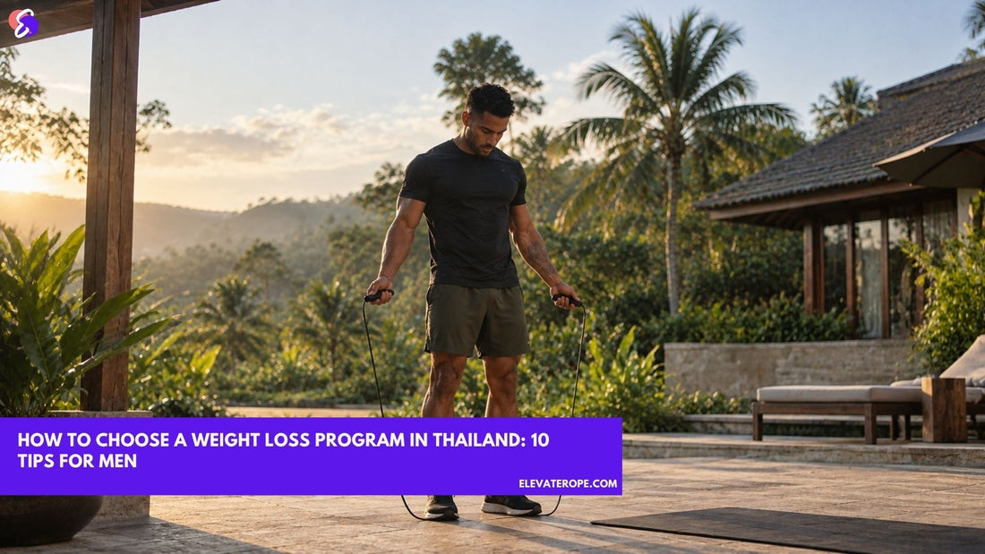 Man preparing for a jump rope workout at a weight loss program retreat in Thailand.