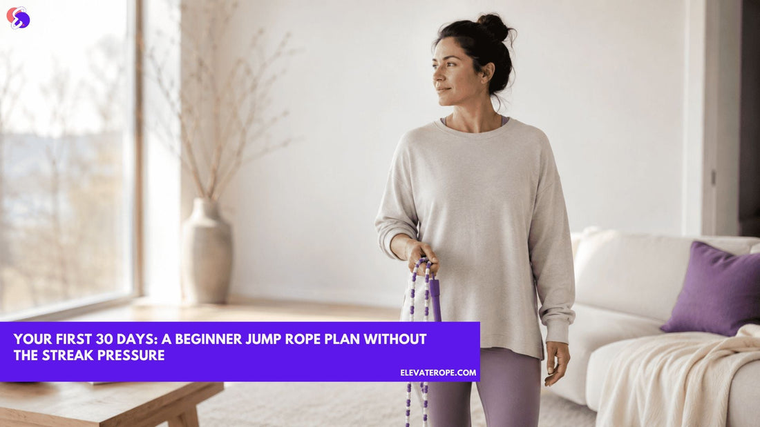 Adult beginner pausing calmly with a beaded jump rope in a bright living room during a 30-day jump rope plan