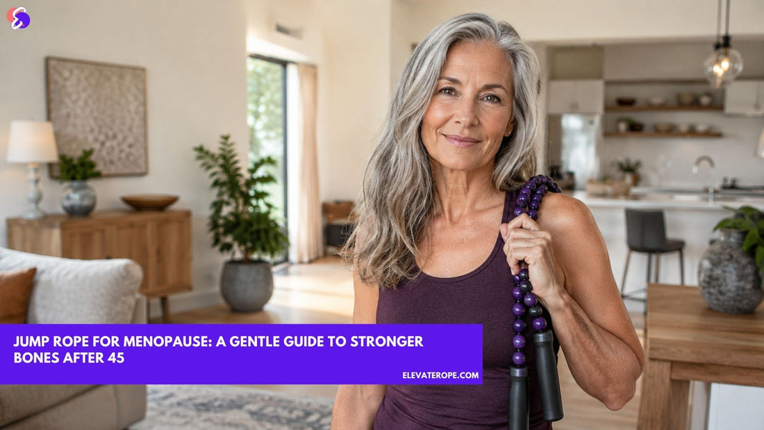 Woman in her fifties holding a purple beaded jump rope at home, smiling