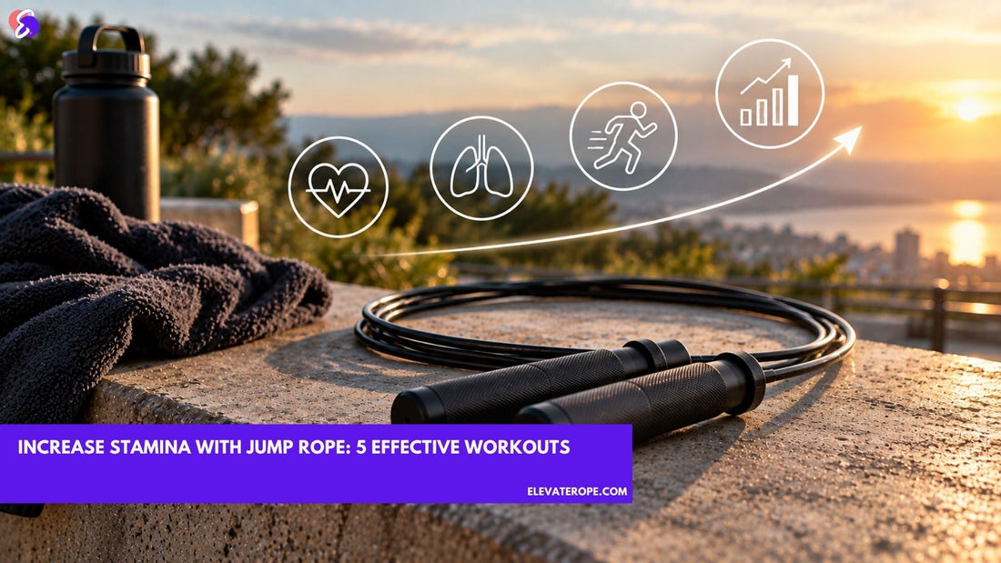 Black jump rope with a visual illustration of increasing stamina, cardiovascular fitness, and endurance.