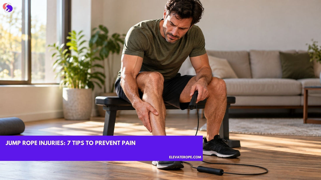 Man checking his shin after a workout, holding a jump rope while resting on a bench at home.