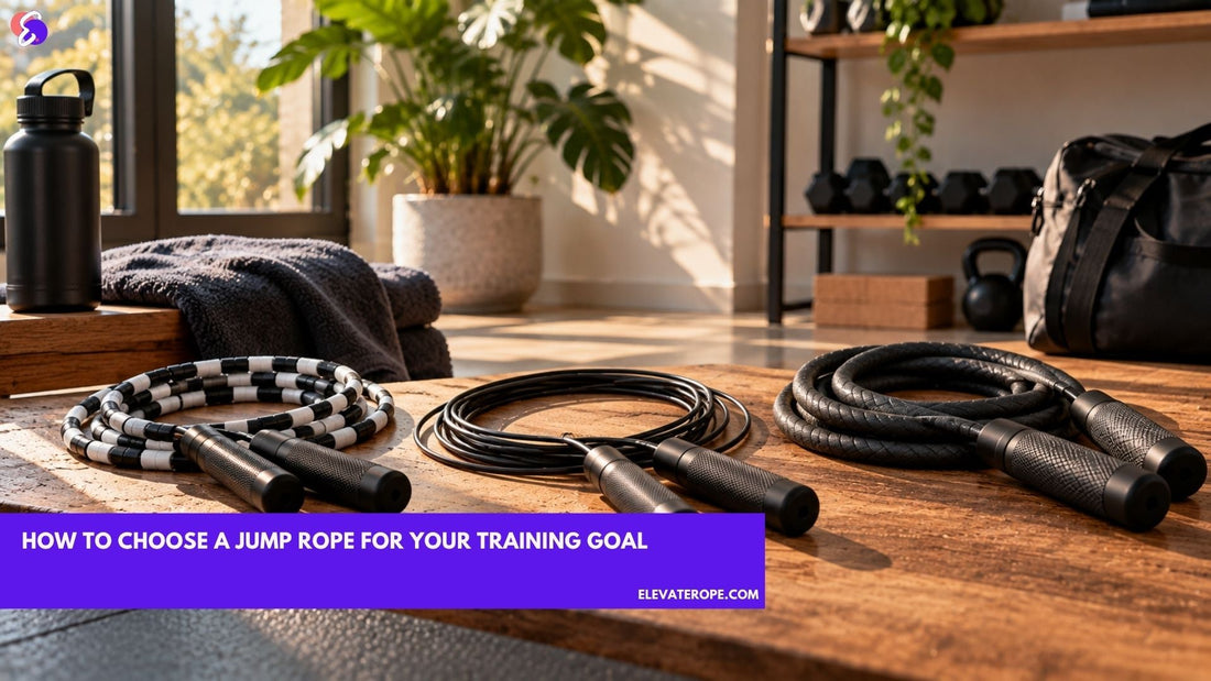 Three jump rope types compared: beaded, speed and heavy ropes arranged in a home gym